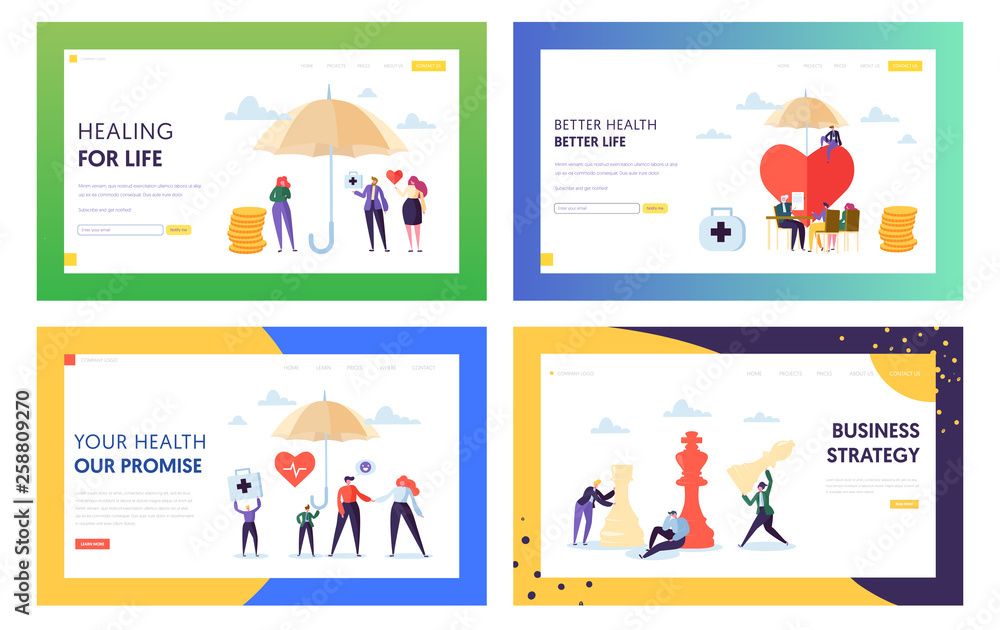 Better Health for Life Landing Page Set. Treatment for Whole Family. Business Strategy Make Strong Company and Increase Capital of Organization Website or Web Page. Flat Cartoon Vector Illustration