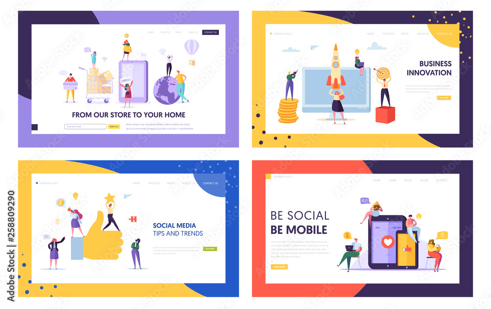 Naklejka Social Media Mobile Tip and Trend Landing Page Set. Network Digital Business Innovation. Fast Delivery Service from Store to Home Website or Web Page. Flat Cartoon Vector Illustration