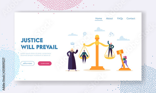 Justice will Prevail Landing Page. Judge Hears Witness and Evidence Presented by Barrister of Case, Assess Credibility and Argument Website or Web Page. Flat Cartoon Vector Illustration