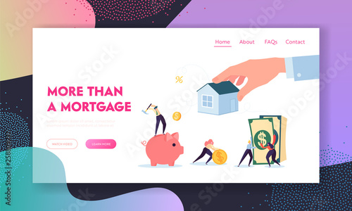 Real Estate Mortgage Lending Landing Page. Character Raise Funds to Buy House or for Purpose while Putting a Lien on Property Being Pledge Website or Web Page. Flat Cartoon Vector Illustration