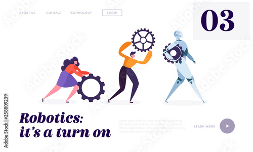 Technical Service Robot Landing Page. Special Crew of Maintenance Machine. Character Moving Replacement Part for Change Useless Detail of Bot Website or Web Page. Flat Cartoon Vector Illustration