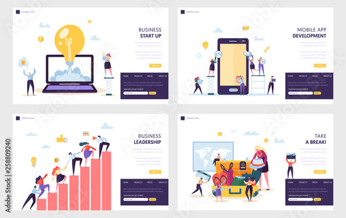 Business Start Up Landing Page Set. Mobile App Development, Leadership Practical Skill for Guide Team, Vacation after Heavy Work Website or Web Page. Flat Cartoon Vector Illustration