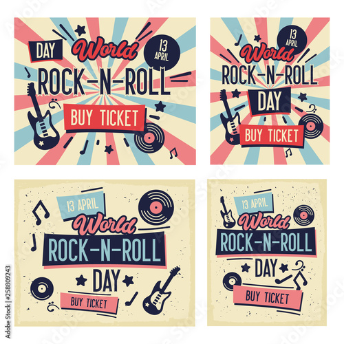 Rock Festival Poster Set. World Rock-n-Roll Day Banner with Guitar for Flyer, Brochure, Cover. Live Music Concert Design Template. Vector flat illustration