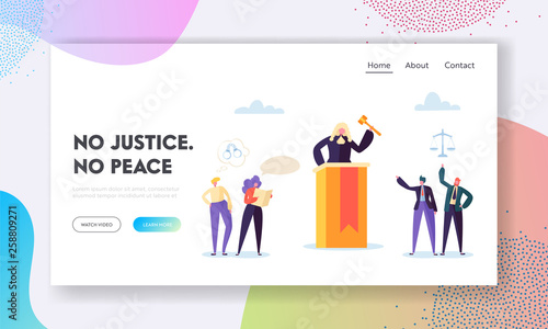 Justice is Peace Landing Page. Judge Hears Evidence Presented, Assess Credibility and Ruling at Hand Based Interpretation of the Law Website or Web Page. Flat Cartoon Vector Illustration