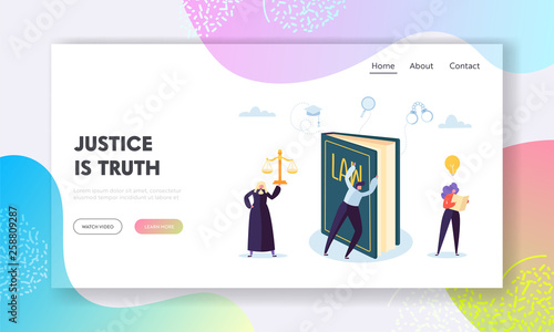 Justice is Truth Landing Page. Judge Issues Ruling at Hand Based Interpretation of the Law and Own Personal Judgment. Settle Legal Dispute Website or Web Page. Flat Cartoon Vector Illustration