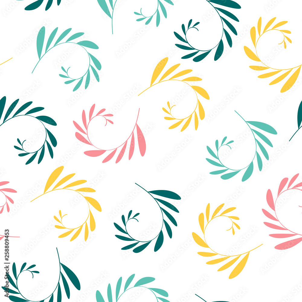 Seamless pattern with plant elements. Floral wallpaper with branches with leaves. Art can be used for wallpaper, packing, printing. Summer print.