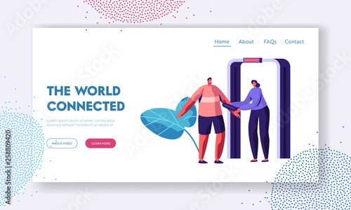 Airport Security Check Concept Landing Page with Guard Character Scanning Passenger with Metal Detector. Security Checkpoint with Body Scanner for Website, Web Page Banner. Vector flat illustration