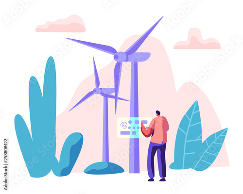 Alternative Energy Sources Concept with Wint Turbines and Worker Character. Environment Power Technology Renewable Energy. Vector flat illustration