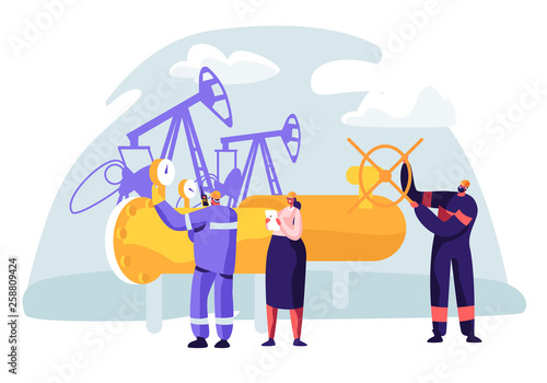 Oil and Gas Industry Concept with Man Character Working on the Pipeline. Oilman Worker on Production Line Petrol Refinery with Woman Check Quality Control. Vector flat illustration
