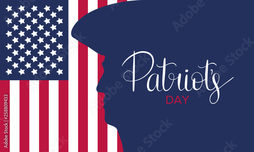 Patriot's Day. Poster with handwritten lettering. In the United States, annually held on the third Monday of April. Public holiday. Banner, greeting card and background. Vector illustration