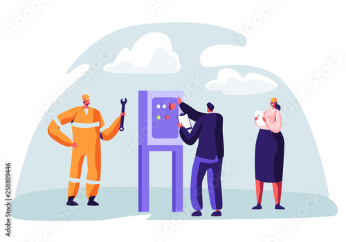 Oil and Gas Industry Concept with Man Character Working on the Pipeline. Oilman Worker on Production Line Petrol Refinery with Woman Check Quality Control. Vector flat illustration