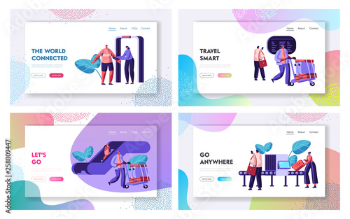 Airport Terminal with Passengers Waiting for Flight Landing Page Template Set. Traveling Man and Woman with Baggage on Security Check Scanner for Website, Web Page Banner. Vector flat illustration