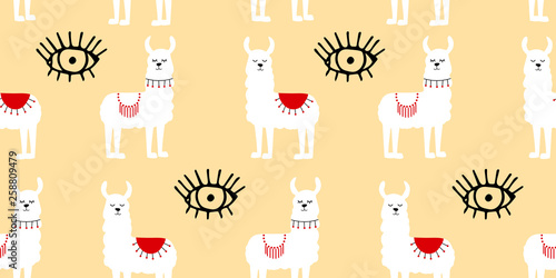 Seamless pattern with decorated  llamas in poncho and eyes. Trendy cartoon print. White animal on beige background.