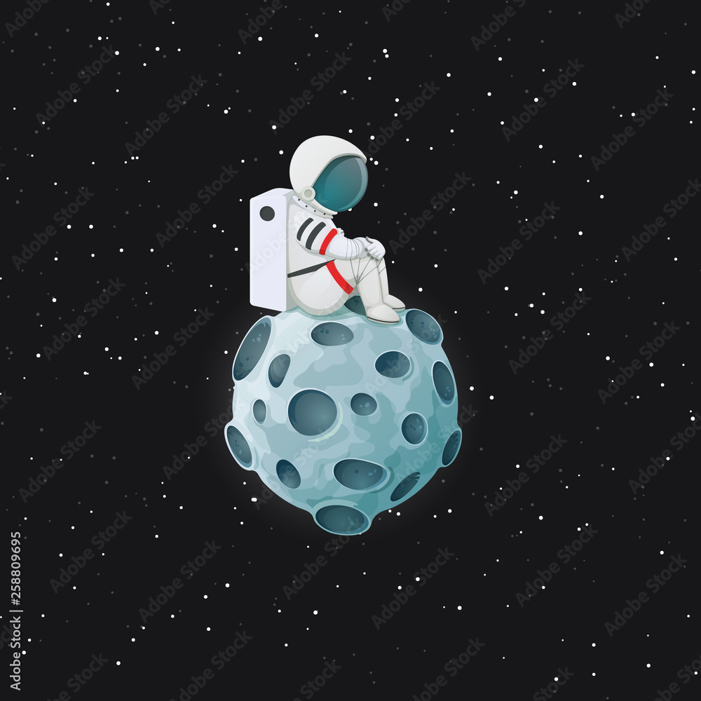 Naklejka premium Depressed cartoon astronaut sitting on the Moon with space and stars in the background. Vector. Mental health problem and loneliness illustration.