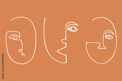 Set of trendy minimalistic faces. Abstract linear silhouette of human faces. Modern avant- garde poster.