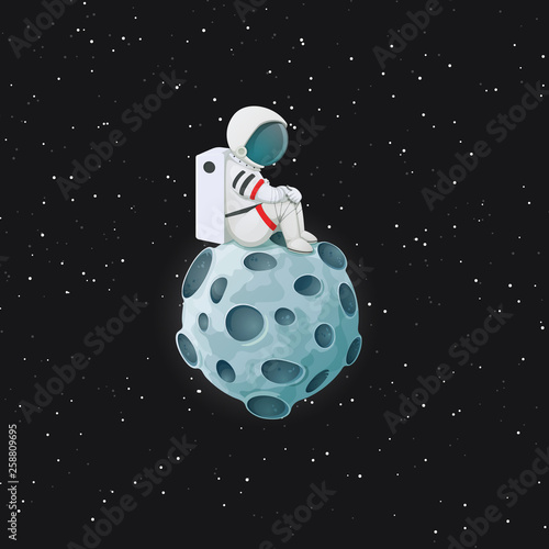 Depressed cartoon astronaut sitting on the Moon with space and stars in the background. Vector. Mental health problem and loneliness illustration.