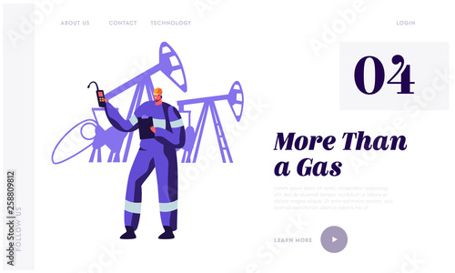 Gasman near Gas Facility Station at Plant Landing Page. Worker Man in Uniform with Equipment Work in Gas Industry. Technician Maintenance Service Website or Web Page. Flat Cartoon Vector Illustration