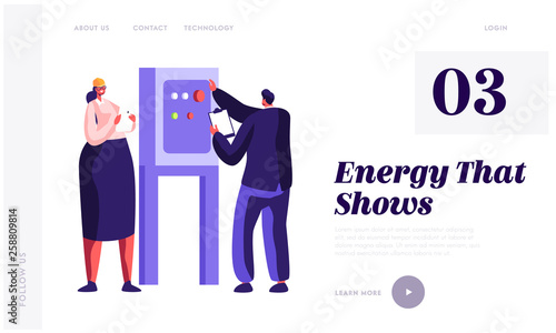 People Engineer Check Energy Equipment at Factory Landing Page. Man and Woman Inspector Engineering. Gas Industry Inspection. Technician Worker Website or Web Page. Flat Cartoon Vector Illustration
