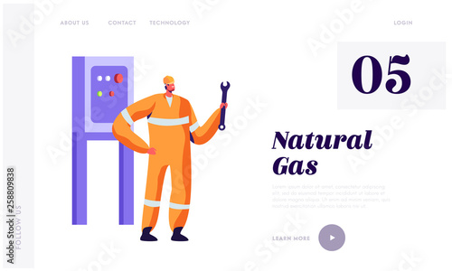 Man Engineer with Wrench Service Gas Industry Landing Page. Gasman in Uniform and Hardhat Engineering at Plant. Factory Mechanic Adjusting Website or Web Page. Flat Cartoon Vector Illustration