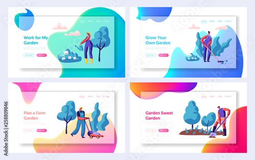Gardener Planting Tree and Bush Set Landing Page. People Gardening Plant in Garden. Woman with Watering. Man Digging. Lawnmower Mowing Grass Website or Web Page. Flat Cartoon Vector Illustration