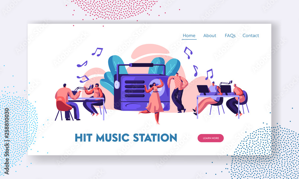 Ortodoxo carolino Atar Radio Station Show Playing Music Landing Page. Presenter with Microphone  and Headset in Record Studio. Woman in Dress Dancing to Song Website or Web  Page. Flat Cartoon Vector Illustration vector de Stock 