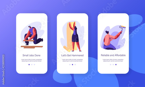 Interior Renovation Decor Mobile App Page Onboard Screen Set. Handyman Lying Wooden Parquet. Woman Gluing Wallpaper. Person Paint Wall Website or Web Page. Flat Cartoon Vector Illustration