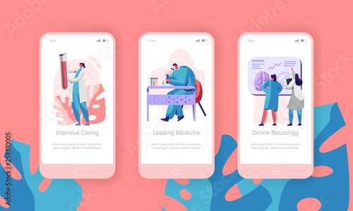 Medical Laboratory Mobile App Page Onboard Screen Set. Intensive Caring, Leading Medicine, Online Neurology. Clinical Pathology Test Website or Web Page. Flat Cartoon Vector Illustration