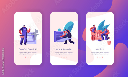 Repairman Fixing Problem Mobile App Page Onboard Screen Set. Worker Repair Washing Machine, Kitchen Stove. Handyman Service Dish Washer by Wrench Website or Web Page. Flat Cartoon Vector Illustration