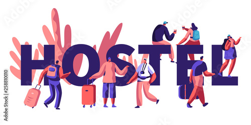 Hostel for Tourist Banner. Arrival of Character for Visit City. Lower Price, Cheap Place for Living or Night. Alternative Home for some Day. Room for Relaxation. Flat Cartoon Vector Illustration