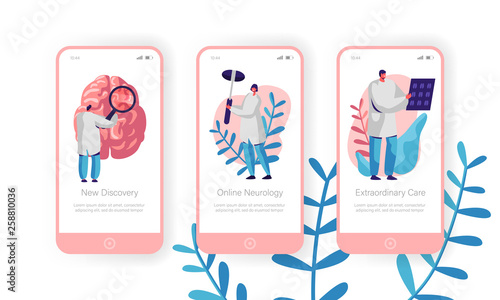 Hospital Neurology Department Mobile App Page Onboard Screen Set. Intensive Caring, Discovery and Extraordinary Care. Clinical Pathology Test Website or Web Page. Flat Cartoon Vector Illustration
