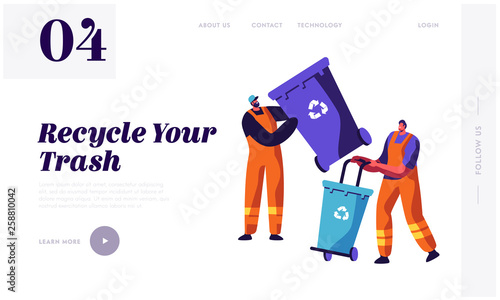 Man Collector Cleaning Trash from Rubbish Bin Container with Recycle Sign Landing Page. Garbage Removal. Clean Dustbin to reduce Littering Website or Web Page. Flat Cartoon Vector Illustration