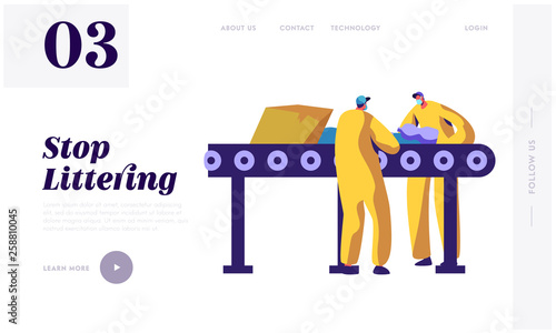 Man Separating Litter and Garbage on Conveyor Landing Page. Worker Utilize Rubbish to Reduce Environmental Littering. Trash Recycling Industry. Website or Web Page. Flat Cartoon Vector Illustration