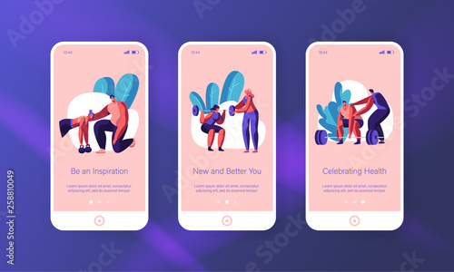 People Training Exercise in Gym Mobile App Page Onboard Screen Set. Fitness and Workout. Girl Train Plank with Dumbbell. Man Lift Barbell Website or Web Page. Flat Cartoon Vector Illustration