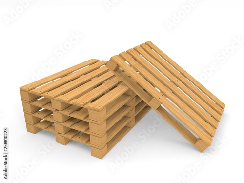 A stack of wooden pallets on a white background. 3d render illustration.