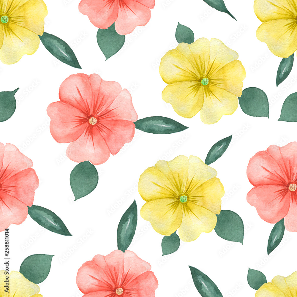 Watercolor floral pattern on white seamless background. Hand painted. Perfect for fabric, wrap paper or wallpaper. Raster illustration.