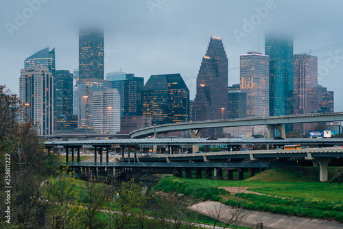 Foggy view of the Houston skyline, in Houston, Texas