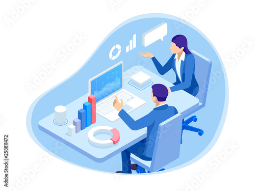 Isometric business people characters. Data analysis. Teamwork and partnership. Business people characters working together on project. Financial research