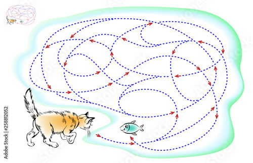 Logic puzzle game with labyrinth for children and adults. Help the cat find the way till the fish. Printable page for brainteaser book. Vector cartoon image.