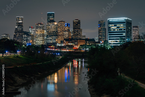 The Buffalo Bayou and Houston skyline at night, in Houston, Texas