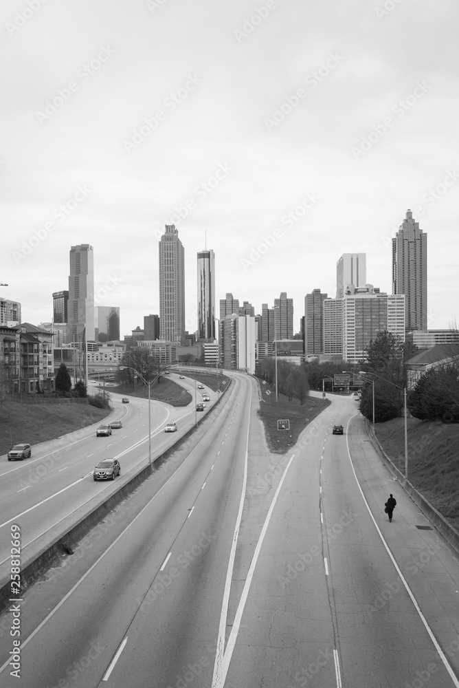 Black & white image of Freedom Parkway and the Atlanta skyline, in Atlanta, Georgia