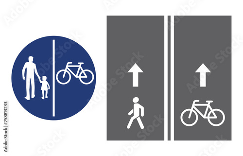 Road sign, pedestrian and bicyclist, vector illustration icon. Circular blue traffic sign. White image on the roadbed. white silhouette of people, man and baby girl, and bicycle