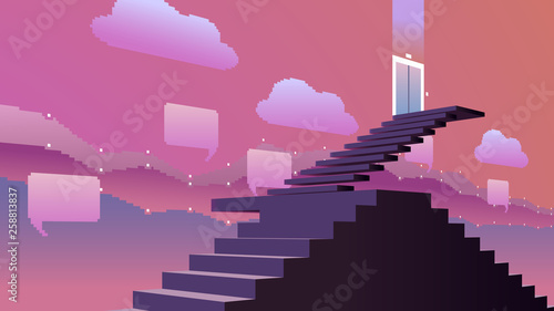 Digital transformation, illustrating evolution from coexistence of both digital and traditional methods (panel, stairs) to integration (floating stairs on panel) and to entirely digital.