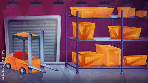 cartoon storage room with boxes and loader, vector illustration