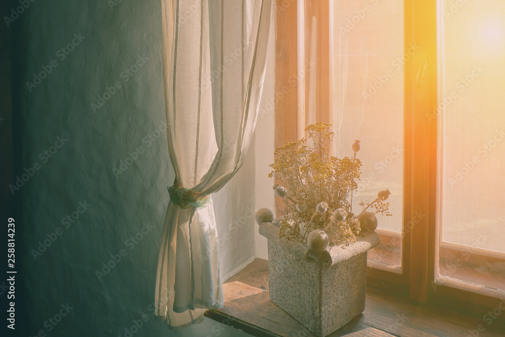 Wooden rustic window with rural country stone pot of dry poppies plants on a wooden window sill in the bright morning sunlight. Toned Wooden rustic window with rural country stone pot of dry poppies plants on a wooden window sill in the bright morning sunlight. Toned