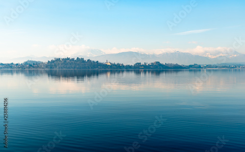Landscape of Lake Varese in a clear winter sunny day, Italy