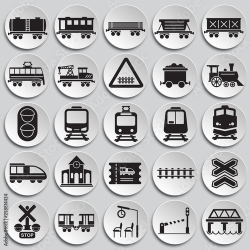 Railroad related icons set on plates background for graphic and web design. Simple vector sign. Internet concept symbol for website button or mobile app.