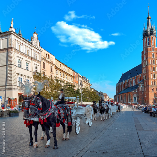 Two Horses In Old-fashioned Coach At Old Town Square on bright Summer Day. St. Mary's Basilica Famous Landmark On Background