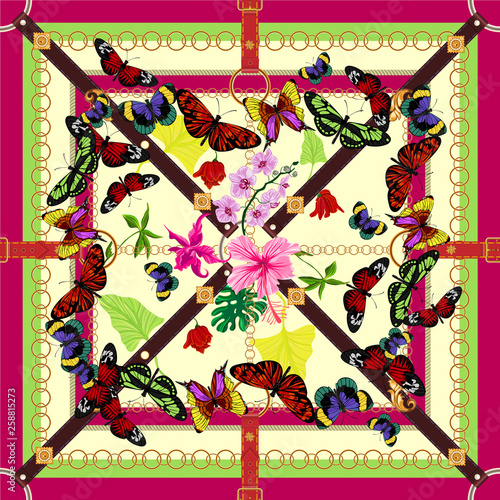 Tropical baroque pattern with flowers, butterflies and belts. Vector floral patch for scarf