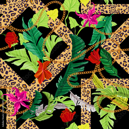Tropical seamless pattern with flowers and baroque chains. Vector floral patch for print, fabric, scarf