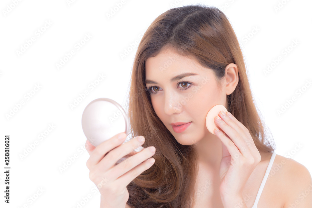 Portrait of beautiful asian woman applying powder puff at cheek makeup of cosmetic, beauty of girl with face smile isolated on white background, wellness and healthcare concept. Portrait of beautiful asian woman applying powder puff at cheek makeup of cosmetic, beauty of girl with face smile isolated on white background, wellness and healthcare concept.
